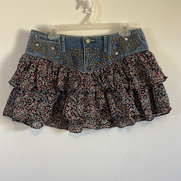 Y2K Western Ruffle Mini Skirt 6 Jean Floral Jewel Stud Express Denim 00s Baby - Picture 1 of 16